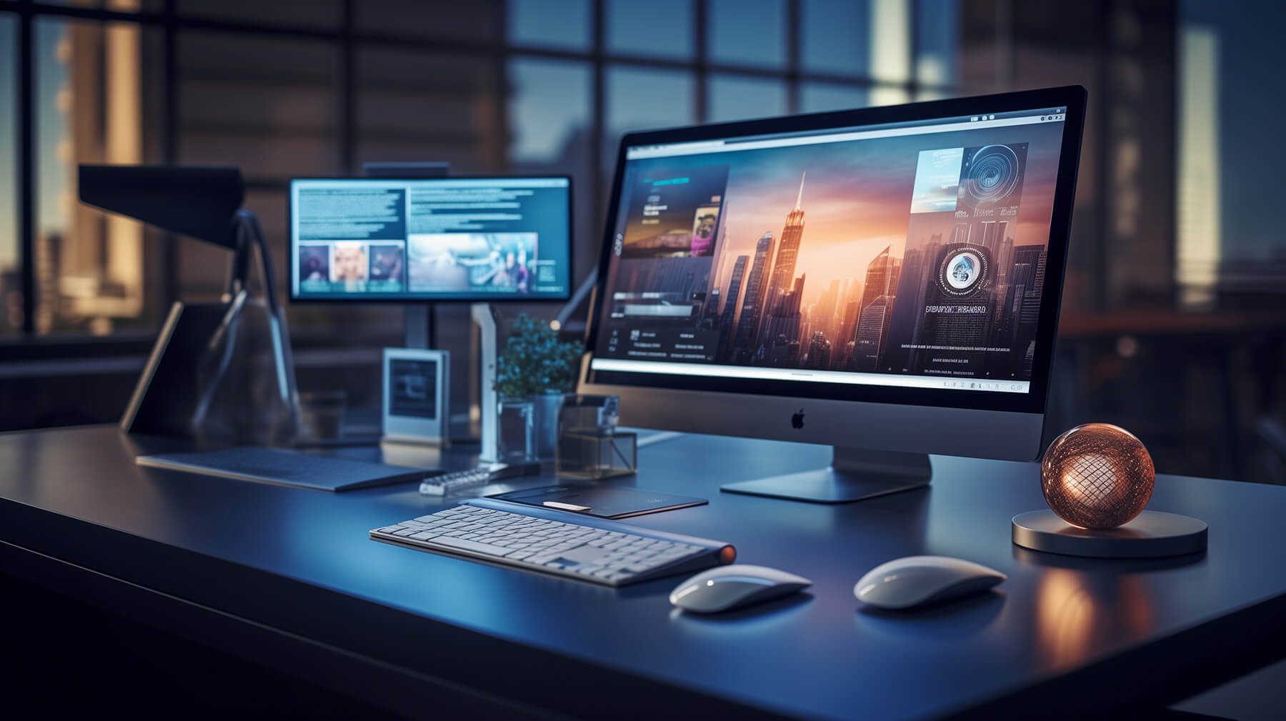 digital marketers desk with computers and analytics on screen