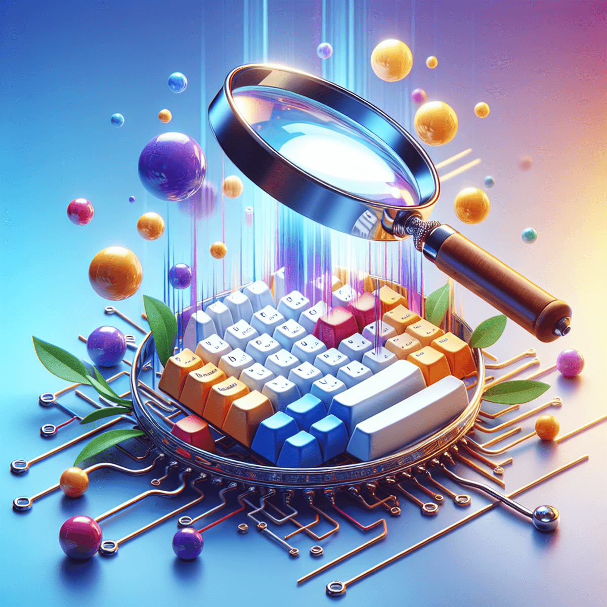 A close-up of a computer keyboard being examined by a large magnifying glass.