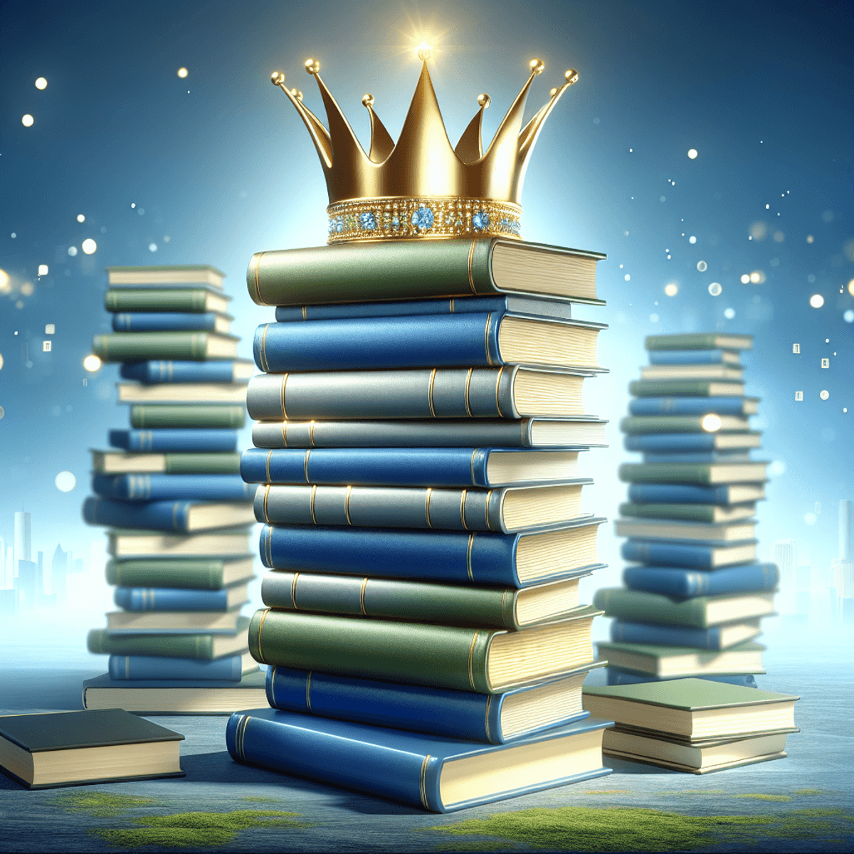 Alt text: A tall stack of variously sized books in shades of blues and greens with a golden crown resting on top, representing excellent SEO through c