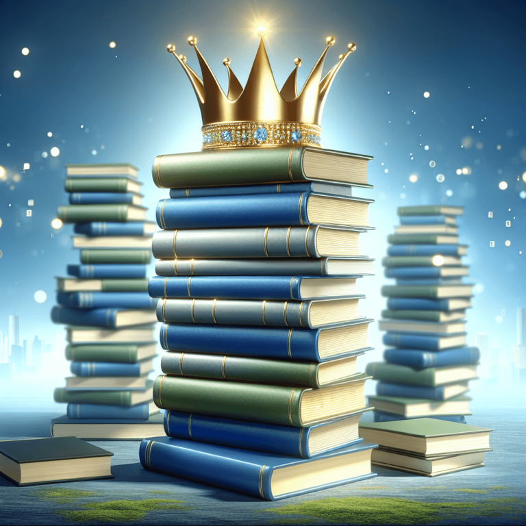 Alt text: A tall stack of variously sized books in shades of blues and greens with a golden crown resting on top, representing excellent SEO through c